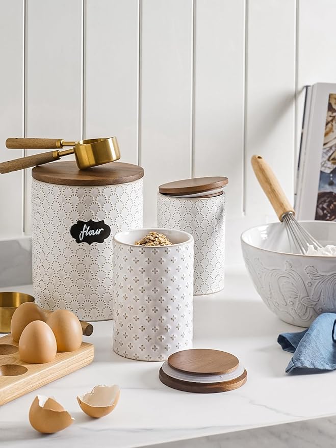 LE TAUCI Food Storage Containers with Airtight Lids, 78/25 oz Ceramic Sugar Canisters Sets, Embossed Large Jars for Pasta, Oats, Coffee Bean, Cookies, Rice, Grains, Tea - Set of 2, Clover-CasaMuseHome