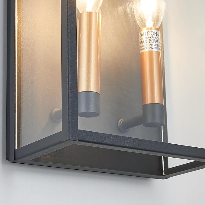 18 Inch Wall Light in Clear Glass and Textured Black and Golden Candle Cap Sleeve,Outdoor Lighting Wall Sconce,2-Light 120watts for House Doorway Garage,Bulb Not Included.-CasaMuseHome