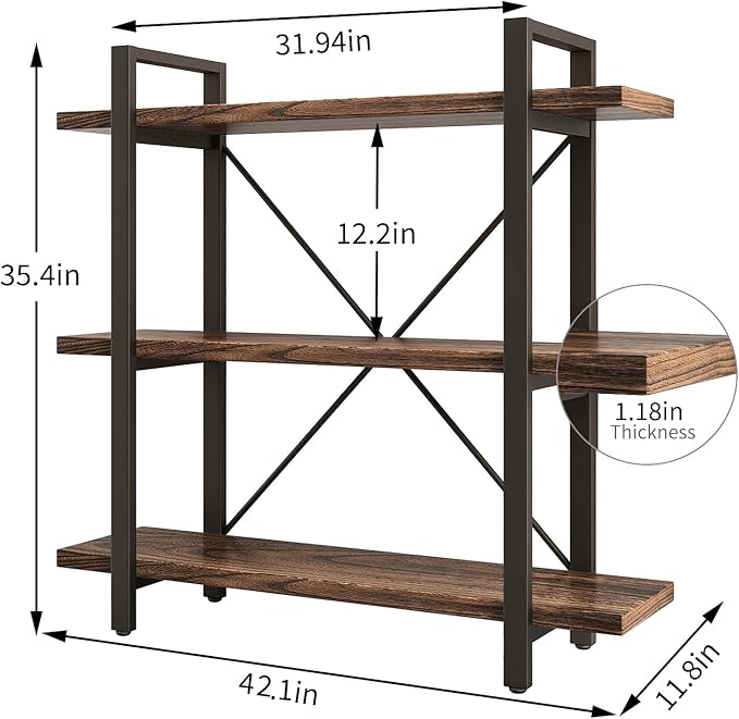 3 Tier Bookshelf Modern Rustic Open Bookshelf Office Solid Wood Bookcase and Book Shelves Wood and Metal Shelving Unit,Distressed Brown (AY-02-3Tier)-CasaMuseHome