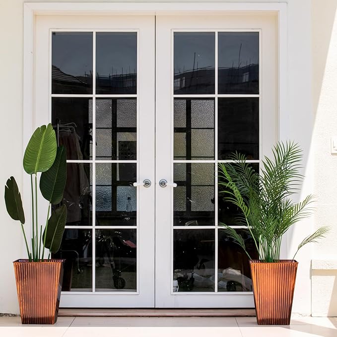 18in Vintage Handmade Metal Vertical Lines Copper Tapered Planters Set of 2, Galvanized Steel Planter Box with Drainage Hole for Indoor/Outdoor/Porch/Garden-CasaMuseHome