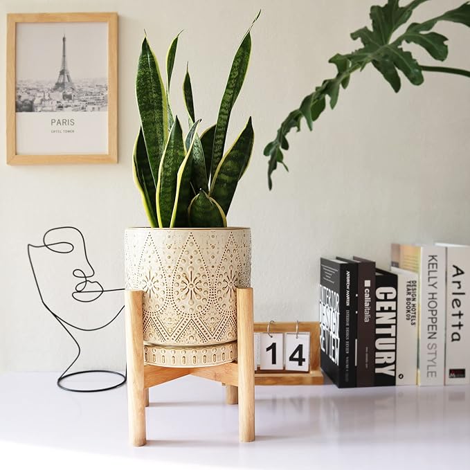 8 Inch Plant Pot with Stand, Ceramic Planter with Drainage Holes, Saucers and Mesh Pads for Indoor-Outdoor Plants-CasaMuseHome