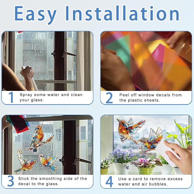 12pcs Window Decals for Bird Strikes, Anti Collision Window Clings, Rainbow Reflection Window Sticker, Hummingbird Style Sun Catcher Stickers for Glass Windows-CasaMuseHome