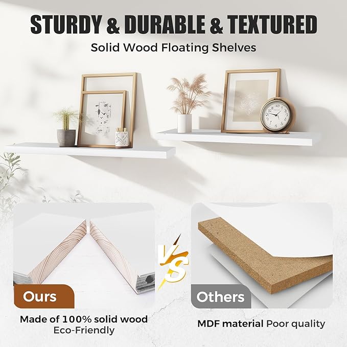 3-Pack Floating Wall Shelves, 24-Inch Rustic White Wooden Shelves for Storage and Décor, Easy Installation for Living Room, Bedroom, and Kitchen-CasaMuseHome