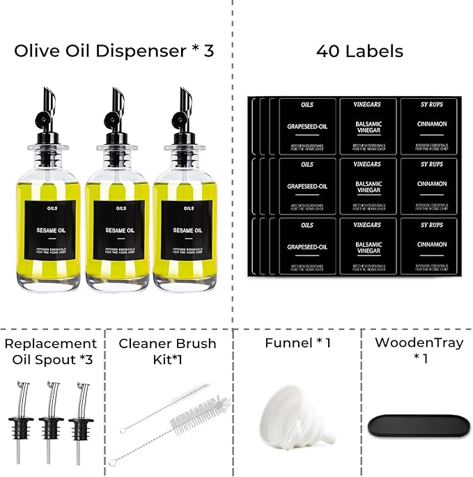 3PCS Olive Oil Dispenser Bottle For Kitchen, Soy Sauce Dispenser, Glass Oil and Vinegar Dispenser Set W. Wooden Tray & Labels & 3 Replacement Spouts, Coffee Syrup Dispenser-CasaMuseHome
