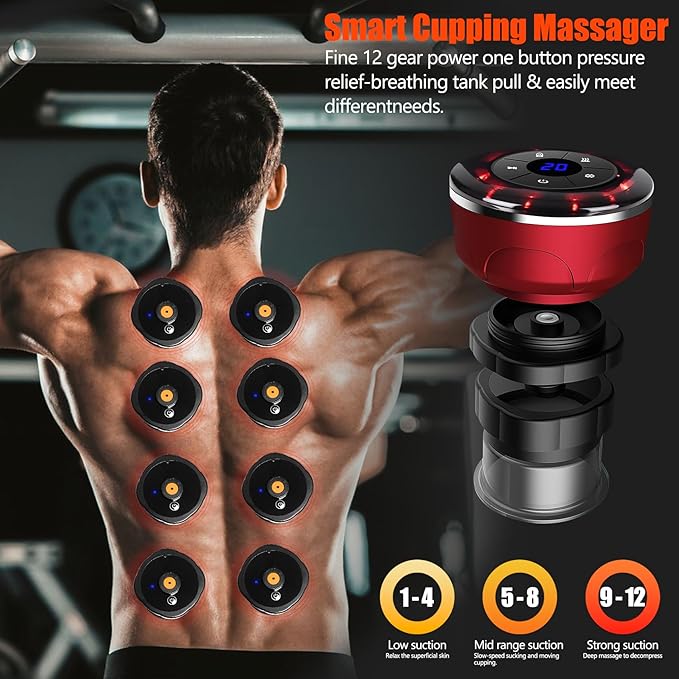 4-in-1 Electric Cupping Therapy Set with 8 Cellulite Massage Cups with 12 Modes Suction,Smart Dynamic Cupping Therapy Set for Ease Fatigue, Muscle Soreness and Skin Tightening(Red)-CasaMuseHome
