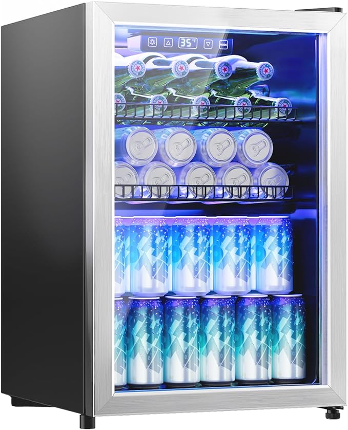2.5 Cu.Ft Beverage Fridge, Mini Fridge With Glass Door, Beverage Cooler Refrigerator, Wine Drink Beer Cooler, Adjustable Shelves & Digital Temperature Display, 22 Bottle 95 Can-CasaMuseHome