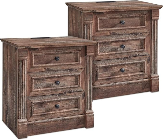 26" Tall Farmhouse Nightstand Set of 2, 3 Drawers End Table w/Charging Station, 23.6" Wide Large Side Table w/Roman Column, Wood Rustic Sofa Table for Bedroom, Light Brown-CasaMuseHome
