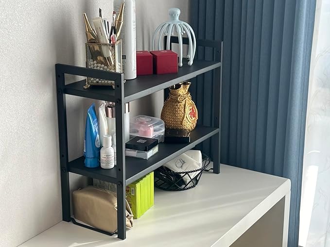 2 Tier Expandable Cabinet Shelf Organizer 14.5-25" L Kitchen Counter Shelf Rack Stand Sink Riser Countertop Storage Black (Normal 7.9”D)-CasaMuseHome