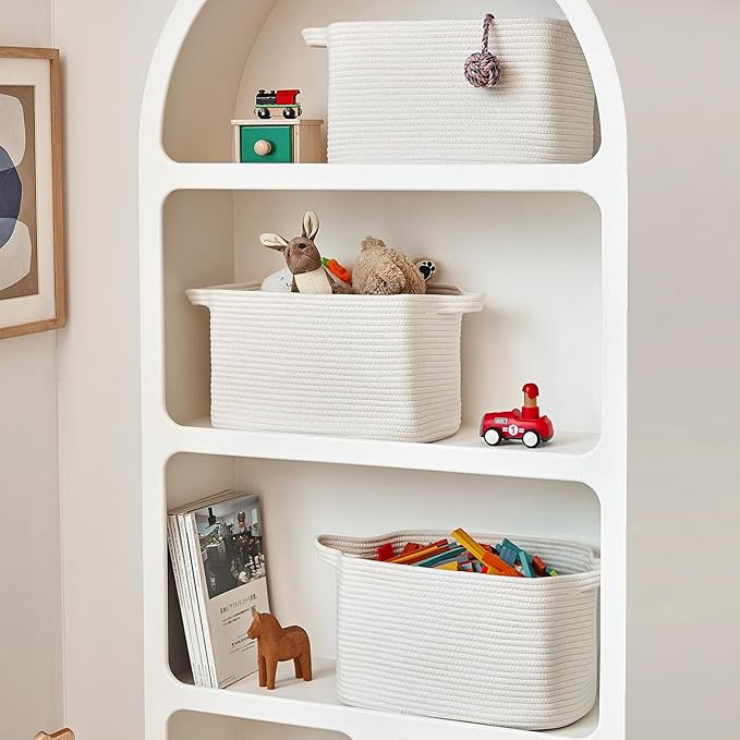 3 Packs Cotton Rope Woven Basket With Handles for Shelves -15"*10.2"*9.1"(White)-CasaMuseHome