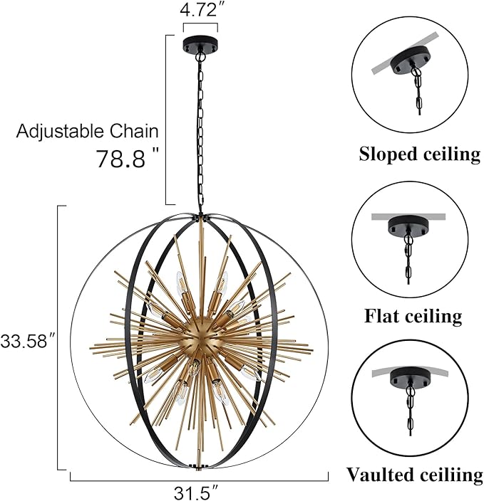 31.5" Black Gold 16-Light Globe Sputnik Chandelier Modern Industrial Adjustable Hanging Ceiling Firework Pendant Light Fixture for Entryway Foyer Stairway Bedroom Dining Living Room Hallway-CasaMuseHome