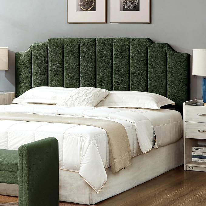 24KF Dark Green Teddy Fabric Tufted King Upholstered Headboard, Modern Vertical Channel Design California King Headboard with Stepped Silhouette Top Edge,6026-K-Teddy Dark Green-CasaMuseHome