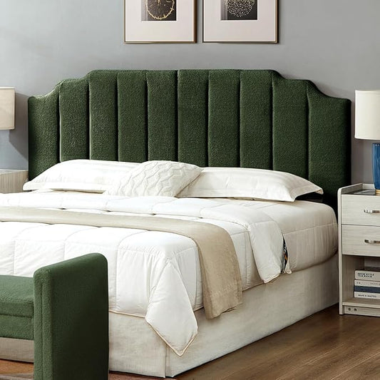 24KF Dark Green Teddy Fabric Tufted King Upholstered Headboard, Modern Vertical Channel Design California King Headboard with Stepped Silhouette Top Edge,6026-K-Teddy Dark Green-CasaMuseHome