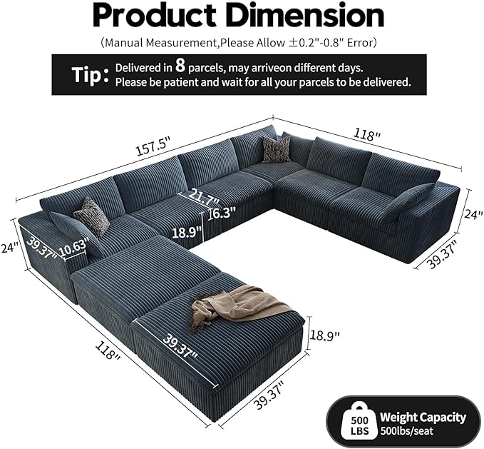 157.5" Cloud Couch Oversized Modular Sectional Sofa for Living Room,Modern Sofa with Deep Seat，8 Seater Boneless Couch with 2 Ottoman,Comfy Upholstered Couches for Apartment, Studio, Office,Blue-CasaMuseHome