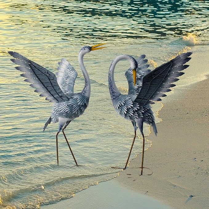 24-27 Inch Standing Crane Garden Sculptures & Statues, Crane Metal Yard Art for Backyard, Lawn, Patio, Porch, Birthday, Wedding Decorations, Gray-CasaMuseHome