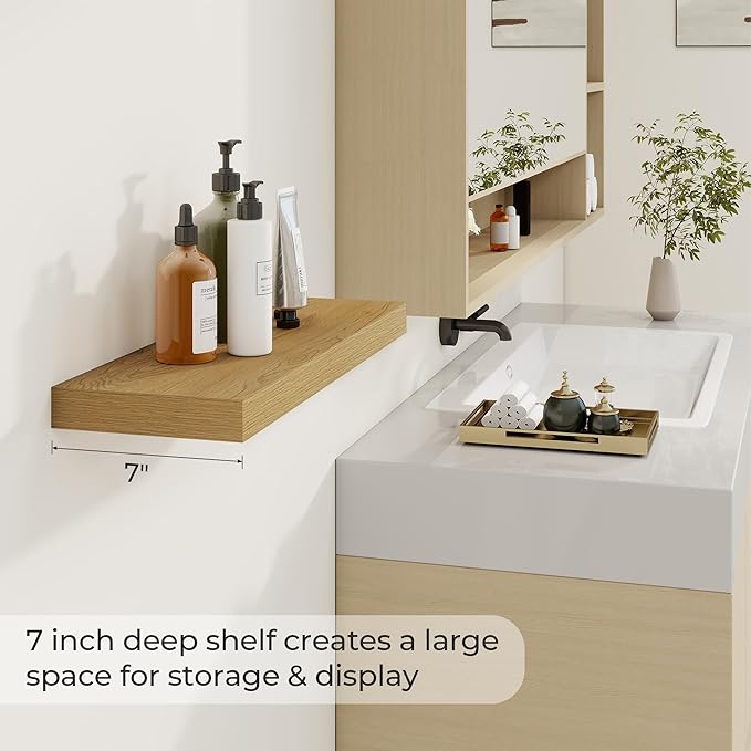 24 inch Floating Shelves Long Floating Shelves for Wall Large Wall Mounted Shelves with Invisible Brackets, Oak Shelves for Bathroom, Living Room, Kitchen, Office, 24x6.7 inch deep Set of 2-CasaMuseHome