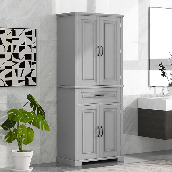 72.2" Tall Storage Cabinet with 4 Doors and Drawer, Freestanding Linen Cabinet, Wooden Pantry with Adjustable Shelf for Kitchen, Bathroom, Living Room, Grey-CasaMuseHome