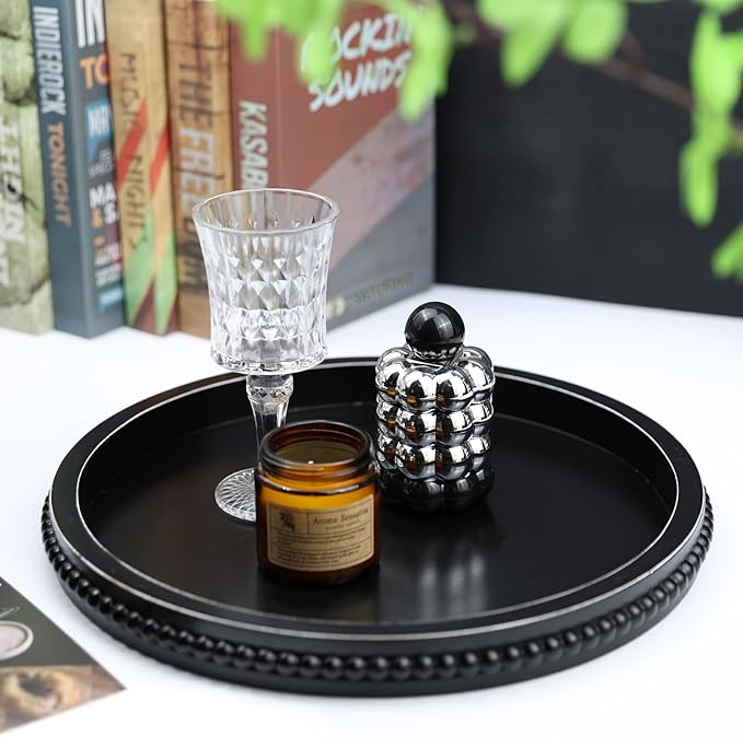 Round Black Wood Serving Tray with Beads, Wooden Decorative Tray for Entertaining, Decoration, and Gifting,-CasaMuseHome
