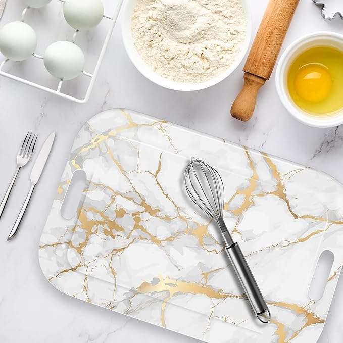 Serving Trays with Handles, 14.5 x 9.8 inch Rectangular Plastic Tray for Restaurant, Kitchen, Golden White Marble-CasaMuseHome