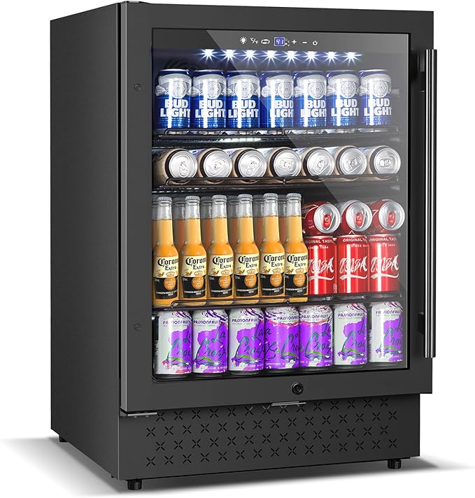 24 Inch Beverage Refrigerator, 5.2 Cu. Ft. Drink Refrigerator with Glass Door, 200 Cans Under Counter & Freestanding Drink Fridge, Reversible Door, Built-In Beverage Cooler for Kitchen, Bar or Office.-CasaMuseHome