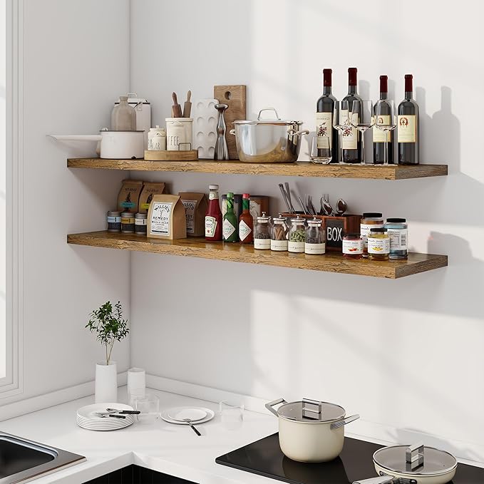 55" Floating Shelves for Wall, 12" Deep Slim Rustic Brown Floating Shelves, Wall-Mounted Shelves for Bedroom, Living Room, Kitchen, Bathroom - Set of 2-CasaMuseHome