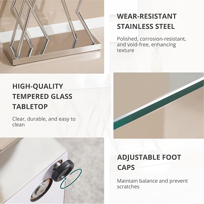 43.3" Glass Modern Console Table, Sturdy Silver Entryway Table with Stainless Steel Base, Rustic Entrance Table, Minimalist Narrow Tables for Living Room & Office-CasaMuseHome