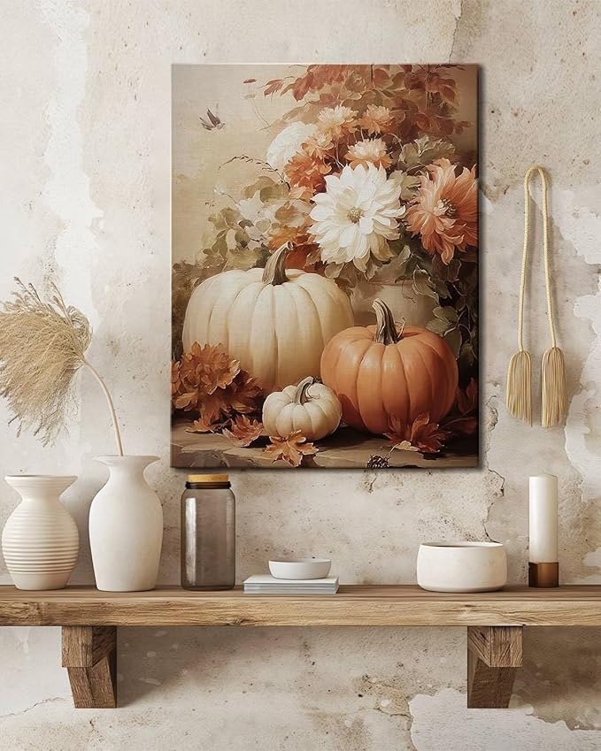 AbcCustomize Vintage Pumpkin Floral Wall Art Decor, Rustic Fall Daisy Flowers Canvas Print for Farmhouse Autumn Decor, Thanksgiving Decorations for Living Room Kitchen Dining Room, Ready to Hang-CasaMuseHome