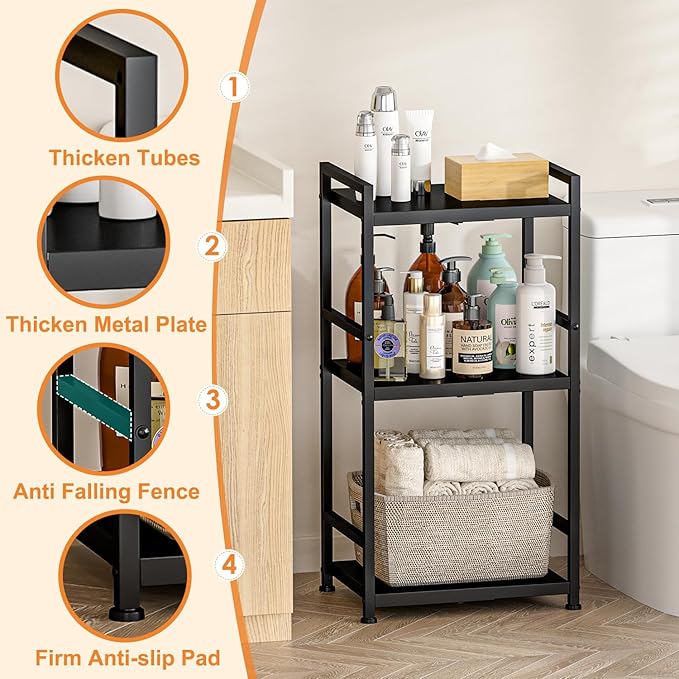 3-Tier Expandable Storage Shelves, 110LBS Heavy Duty Metal Shelving Unit, Adjustable Laundry Room Organization and Storage Shelf Rack,Ideal Narrow Bathroom Kitchen Laundry Room Organizer,Free-Standing-CasaMuseHome
