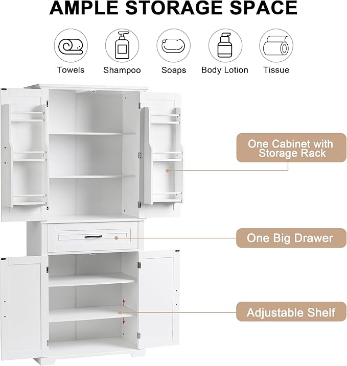 72.2" Tall Storage Cabinet with 4 Doors and Drawer, Freestanding Linen Cabinet, Wooden Pantry with Adjustable Shelf for Kitchen, Bathroom, Living Room White-CasaMuseHome