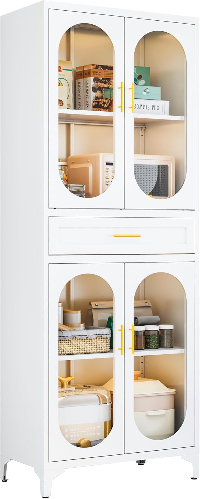 75” Tall Kitchen Pantry Storage Cabinet, Metal Storage Cabinet with 1 Drawer and Adjustable Shelves, Kitchen Pantry Cupboard, Freestanding Cupboard for Bathroom (White-4 Doors and 1 Drawer)-CasaMuseHome