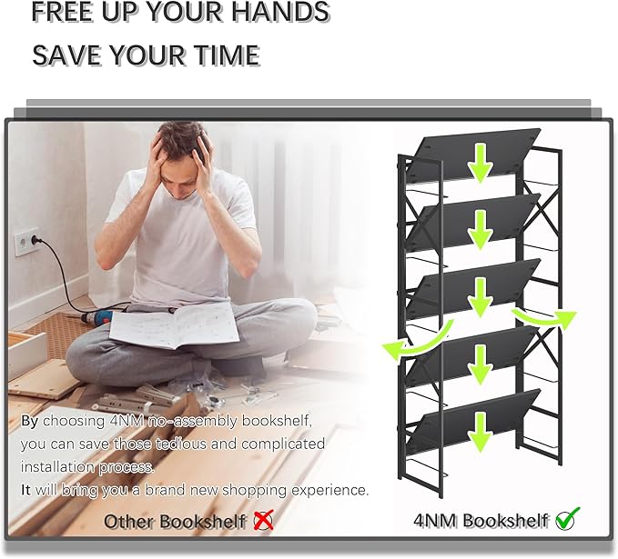 4NM 5 Tiers No Assembly Book Shelves, 51.2" H Folding Bookshelf Bookcase Open Industrial Foldable Shelves for Bedroom, Living Room, Home Office - All Black-CasaMuseHome