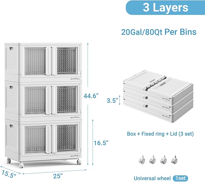 300Qt Stackable Storage Bins with Lids, 75Gal Closet Organizers and Storage Drawer, Plastic Collapsible Storage Bins with Doors, Heavy Duty Store Box Cabinet for Home Kitchen, 3Pack White-CasaMuseHome