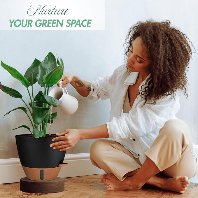 2 Pack 10 inch Plant Pots, PP Plastic Self Watering Plant Pot with Drainage and Tray for Indoor Outdoor Plants , Water Level Window & Reservoir Flower Pots Decorative Planter (Black, 10 Inch)-CasaMuseHome