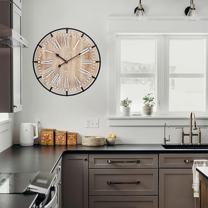 20 Inch Grand Farmhouse Wall Clock, Vintage-Inspired Wood & Metal Design with Large Etched Numbers, Silent Battery-Powered Timepiece for Offices, Kitchens, Bedrooms, and Living Rooms-CasaMuseHome