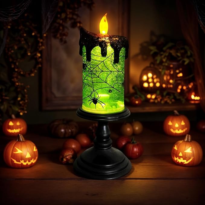 1.Halloween Snow Globe Tornado Flameless Candles Table Centerpiece for Celebration Party,Battery Operated LED Candle with 6 Hours Timer for Home Indoor Halloween Decoration (Spider)-CasaMuseHome