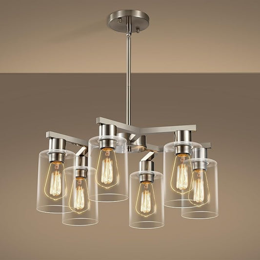 6-Light Modern Farmhouse Brushed Nickel Chandelier, Dining Room Light Fixture Over Table Adjustable Height Hanging Industrial Pendant Lights Kitchen Island, Clear Glass Shade-CasaMuseHome