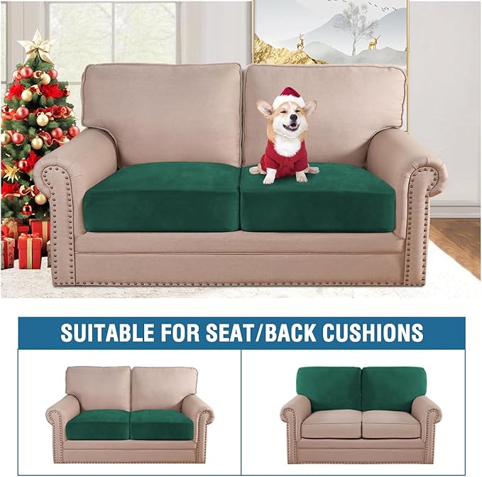 H.VERSAILTEX Velvet Stretch Couch Cushion Cover Plush Cushion Slipcover Cushion Furniture Protector Seat Cushion Sofa Cover (2 Piece Large Sofa Cushion Covers, Vintage Green)-CasaMuseHome