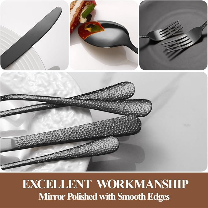 20 Pcs Black Silverware Set for 4 with Hammered Design, Food Grade Stainless Steel Flatware Set, Eating Utensils Sets Include Fork/Knife/Spoon, Cutlery Set, Dishwasher Safe-CasaMuseHome