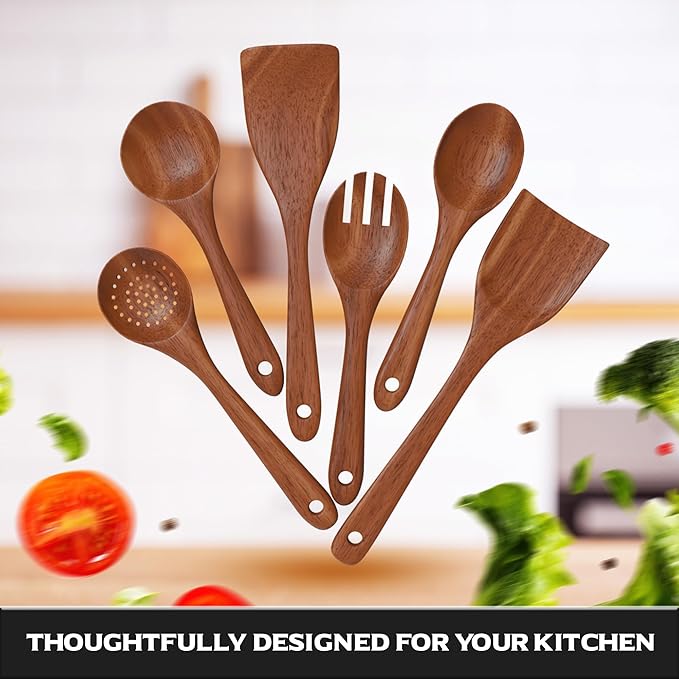 6-Piece Acacia Wood Cooking Utensil Set – Wooden Kitchen Pan Toolset for Nonstick Cookware – Includes Spoons & Spatulas – Non-Scratch, Eco-Friendly Cooking Tools – Everyday Use - Lifetime Replacements-CasaMuseHome