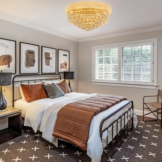 9-Light Crystal Flush Mount Chandelier Ceiling Light Fixture for Living Room Dining Room Bedroom Foyer Entryway Hallway Closet Bathroom (Gold D22)-CasaMuseHome