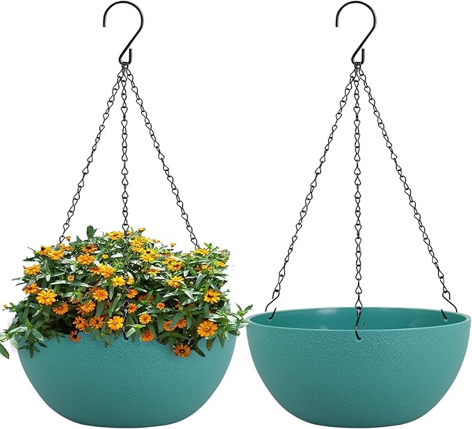 13 inch Large Hanging Planters Plant Pots for Outdoor Indoor Plants with Drainage Holes and Chain, 2 Pack Round Hanging Flower Pots for Garden Home Porch Decor, Blue Green-CasaMuseHome