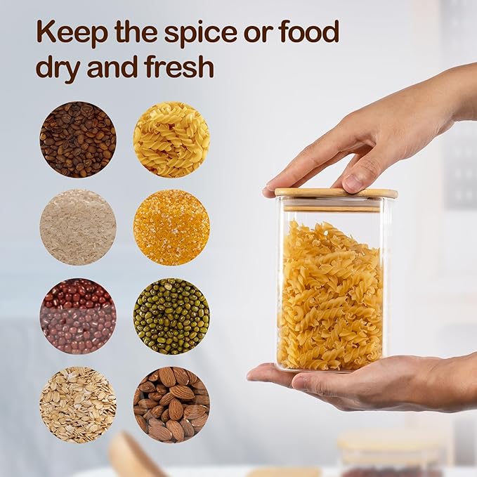 41oz Airtight Glass Square Storage Canister with Bamboo Lid Set of 4 (1200ml) Container Stackable Jar, Kitchen Canister for Pantry Noodles, Flour and Coffee beans (‎with Black Lable)-CasaMuseHome