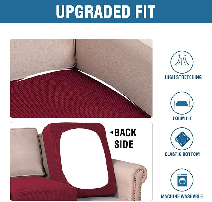 H.VERSAILTEX Super Stretch Individual Seat Cushion Covers Sofa Covers Couch Cushion Covers Slipcover Sets Thick Jacquard Textured Twill Fabric (2 Piece Large Sofa Cushion Covers, Burgundy Red)-CasaMuseHome