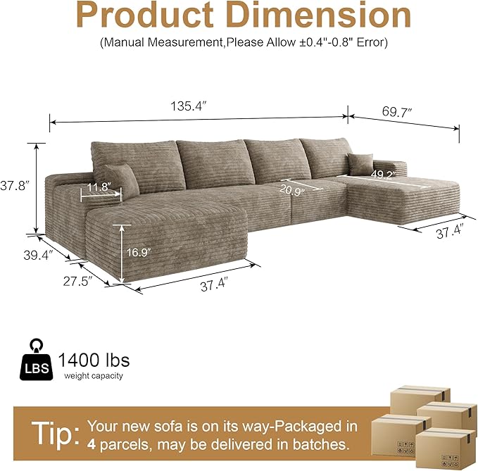 136" Sectional Couches for Living Room Modern Modular Sofa with L-Shape Couchs Upholstered Boneless Couch Deep Seat Sectional Couch with Chaise (Camel, Right Facing Chaise+3Seaters+Ottoman)-CasaMuseHome