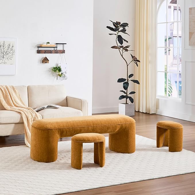 3-Piece 53" Comfy Upholstered Dining Bench with 2 Ottomans, Accent Waterfall Bench Modern End of Bed Entryway Bench Vanity Stool，Pumpkin Chenille-CasaMuseHome