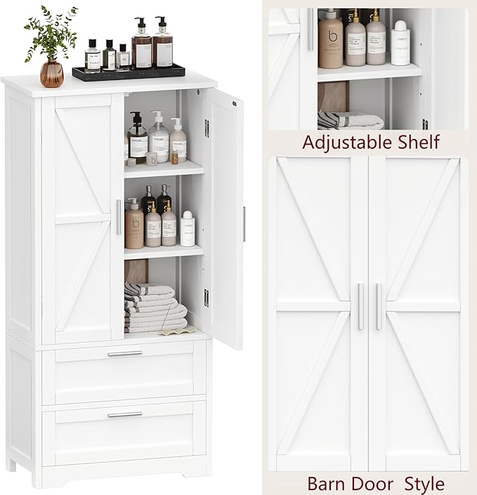 50.4" H Bathroom Storage Cabinet, Modern Floor Cabinet with Adjustable Shelf, Small Pantry with 2 Doors & Drawers, Storage Cabinet for Bathroom, Living Room, Kitchen, White KES007WCWG-CasaMuseHome