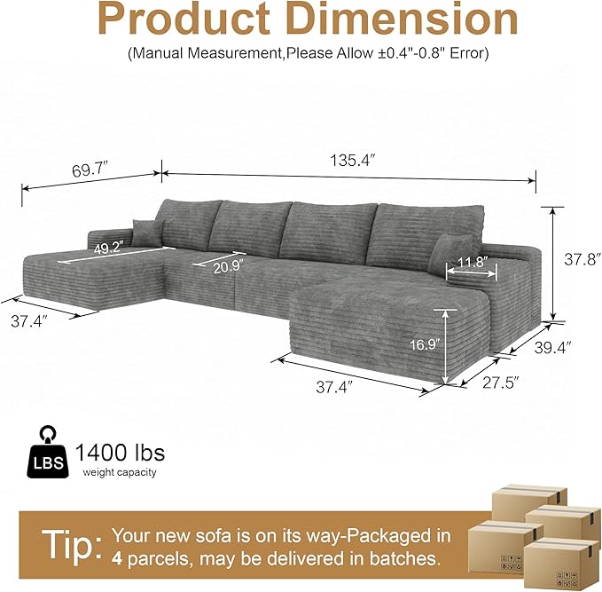 136" Sectional Couches for Living Room Modern Modular Sofa with L-Shape Couchs Upholstered Boneless Couch Deep Seat Sectional Couch with Chaise (Grey, Left Facing Chaise+3Seaters+Ottoman)-CasaMuseHome