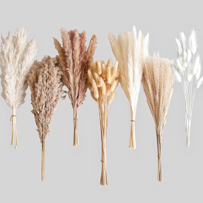 125 PCS Dried Pampas Grass Bouquet, Boho Table Decor, Bunny Tails Dried Flowers, Brown Pampas, White Pampas Grass for Weddings, Home Decor, Rustic Parties, and Baby Shower Decorations-CasaMuseHome