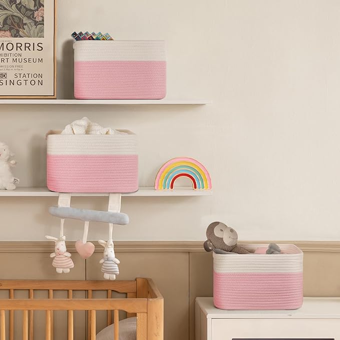 4 Pack Storage Baskets for Organizing, Woven Baskets for Shelves - Perfect for Toys, Books, Towels, and Clothes, Durable Gift Basket Bins Toy Storage, 12.7''Lx9''Wx7.8''H, Pink & White-CasaMuseHome