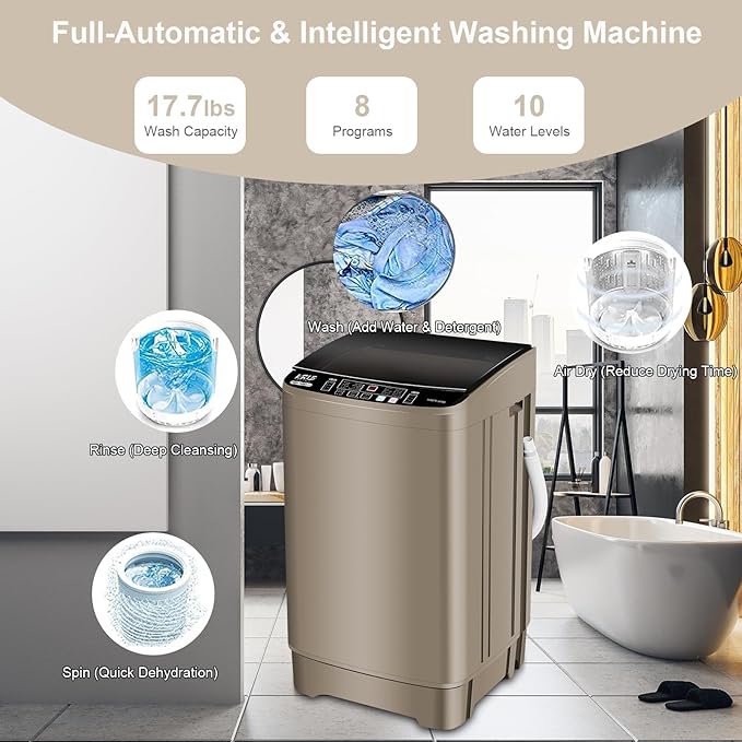 17.7 lbs Full Automatic Washing Machine with LED Display Compact Washing Machine with Drain Dump, 10 Wash Programs and 8 Water Levels Ideal for Dorms, Apartments, RV, Gold, KB03 GOLD6-3-CasaMuseHome
