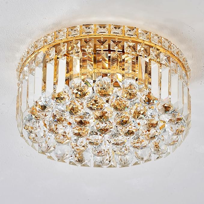 4-Light Gold Crystal Chandeliers Flush Mount Chandelier Light Fixture with K9 Crystals Modern Ceiling Lights Elegant Round Lamp for Bedroom,Hallway,Bar,Living Room,Dining Room,H5.9 xW13.7-CasaMuseHome
